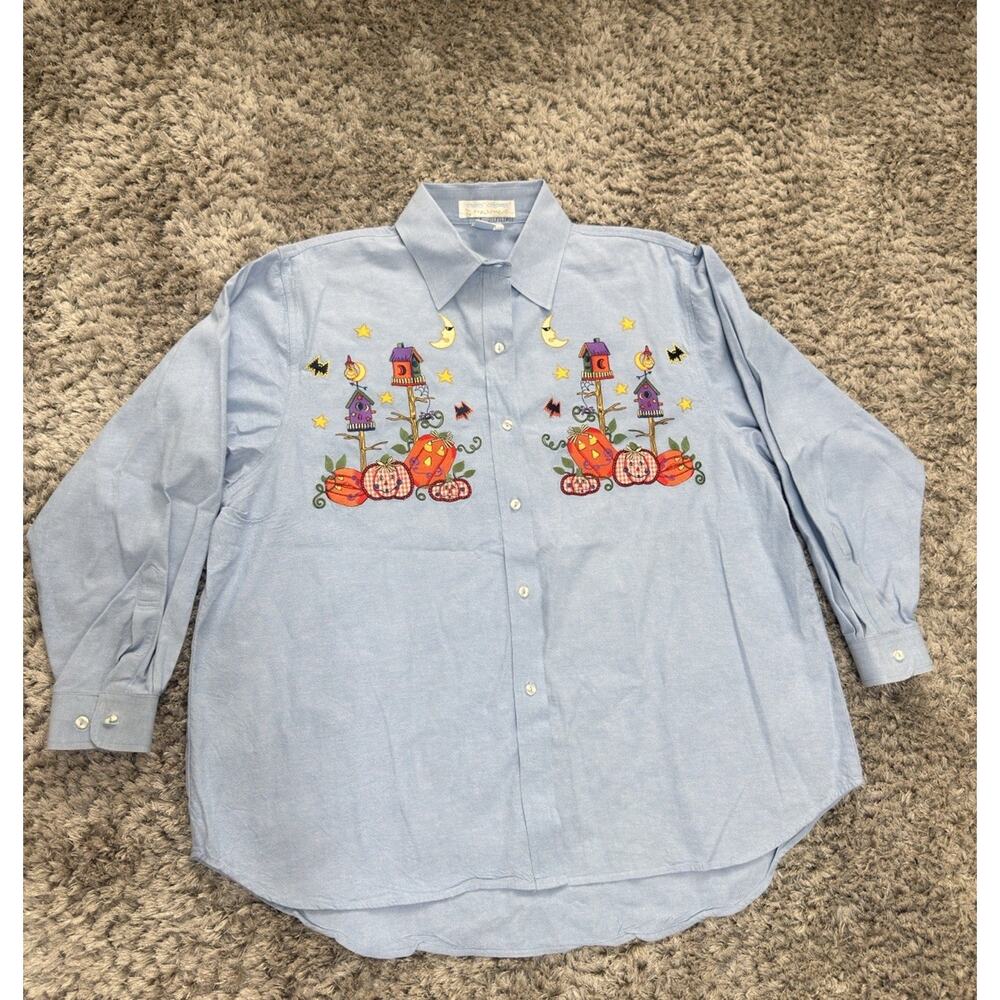 Vintage Women’s Embroidered Casey Coleman Halloween Denim Button Shirt Size XL